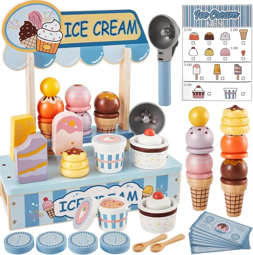 HERSITY Juguetes de helado de madera para niños, tienda de juegos de cocina, juguete de paleta de helado de madera con cuchara y contador de servir,