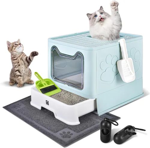 Miniatura 11 de Caja de arena cubierta para gatos con alfombrilla de arena, plegable, extra grande, puerta ajustable de doble entrada, diseño de cajón, caja de Azul