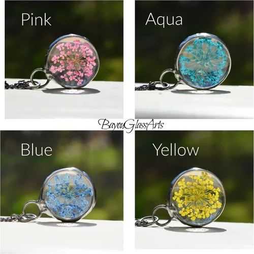 Miniatura 32 de Queen Anne's - Collar de encaje con colgante de flor prensada real en cristal hecho a mano, joyería de flores silvestres, collares de encaje