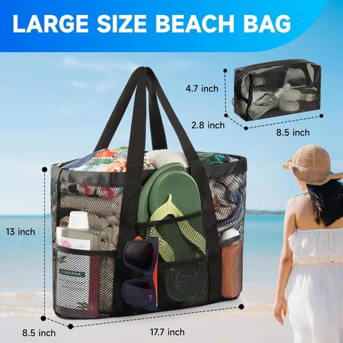 Miniatura 3 de Bolsa de playa de malla, bolsa de playa para mujer, impermeable, a prueba de arena, con bolsa de maquillaje de malla, artículos esenciales