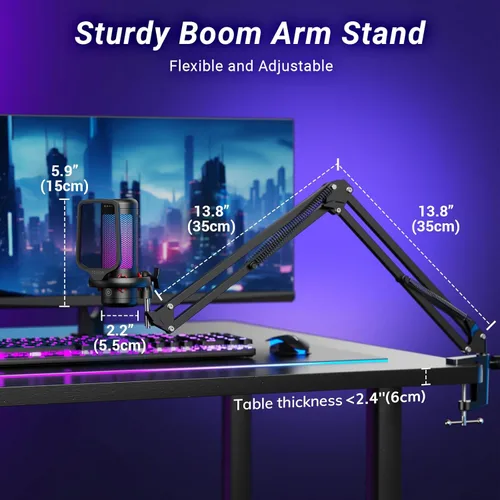 Miniatura 6 de TONOR Juego de micrófonos para juegos con brazo de brazo, micrófono de condensador vocal para PC con soporte, micrófono USB con luz RGB controlable