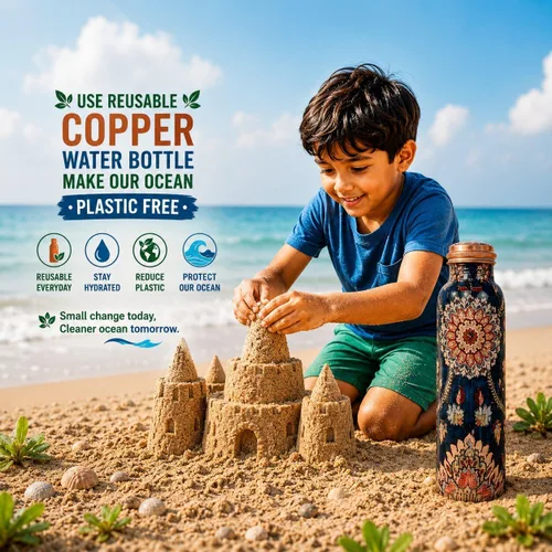 Miniatura 5 de Botella de agua de cobre puro - Hecha a mano - Beneficios para la salud de ayurveda - Grande 35 oz - A prueba de fugas - Fácil de llevar para Índigo