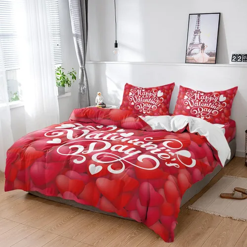 Juego de funda de edredón de 4 piezas tamaño Queen, juego de ropa de cama suave para el día de San Valentín, sábana plana, fundas de almohada