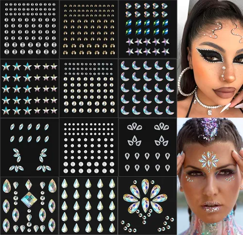 Miniatura 11 de 6 hojas de joyas para la cara, gemas para la cara, diamantes de imitación autoadhesivos para maquillaje, accesorios para disfraces de festivales
