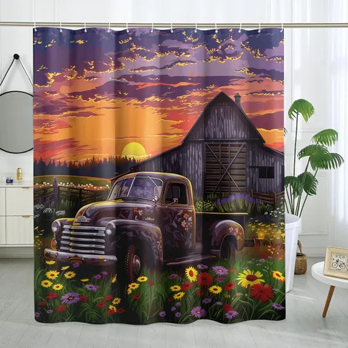 Miniatura 13 de Juego de baño estilo granja de 3 piezas con cortina de ducha y alfombras, cortina de ducha de 72'' y dos alfombras de baño antideslizantes lavables