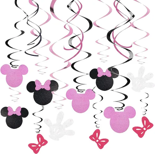 Decoraciones de remolinos colgantes de color rosa de 30 unidades, serpentinas de techo para fiesta de cumpleaños de ratón, suministros para fiestas