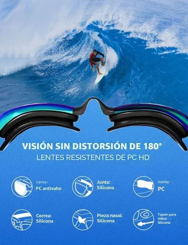 Miniatura 8 de Gafas de natación 7 en 1 + gorro de natación para hombres y mujeres, sin fugas, antivaho y UV, lente de PC con espejo HD de visión amplia