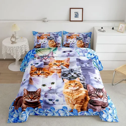 Miniatura 29 de Feelyou Juego de edredón para niños, diseño de gatos de dibujos animados, tamaño twin, lindo juego de ropa de cama de gatitos para adolescentes