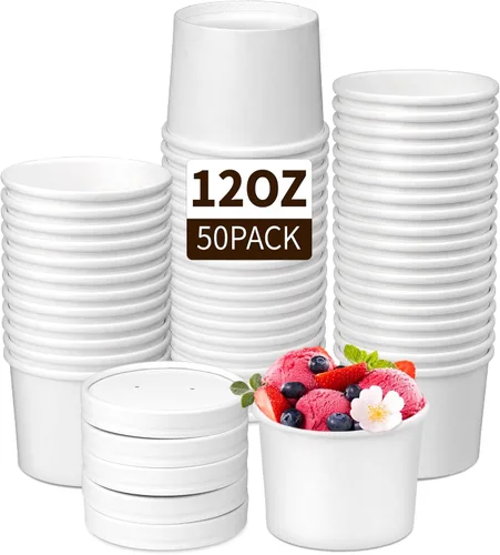 Miniatura 12 de Wuadua Paquete de 50 recipientes desechables de papel de 8 onzas con tapas, cuencos de sopa para llevar para fideos, ensalada, restaurante