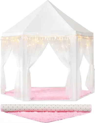 Miniatura 7 de wilwolfer Tienda de campaña tipo castillo de princesa para niñas, tienda de campaña hexagonal grande para jugar, casa de juegos con luces de Tienda