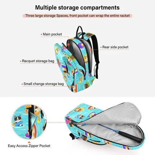 Miniatura 5 de Tenni Badminton Racket Bag Cute Sturdy Cat Dog Swim Summer Blue Cartoon 3 Rackets Badminton Bag Case for Women, Men, Teenagers bolso para raqueta