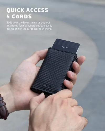 Miniatura 44 de VULKIT Tarjetero RFID Bloqueo de Cuero Automático Pop Up Cartera Aluminio Slim Pocket Tarjeta de Visita