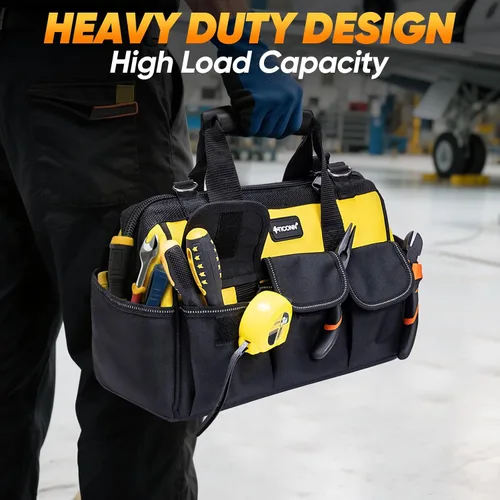 Miniatura 7 de TICONN Bolsa de herramientas de boca ancha con múltiples bolsillos con correas reflectantes de seguridad, correa de hombro ajustable y mango Amarillo