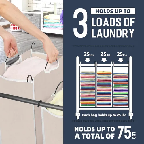 Miniatura 4 de STO STO Organizador de ropa sucia de 3 secciones, cesta de ropa con 3 bolsas, cesta de lavandería con ruedas resistentes y bolsa extraíble para Beige