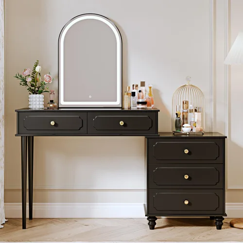 Miniatura 6 de Ieejdn Negro, Escritorio de tocador con espejo y luces, Tocador de maquillaje con toma de corriente y gabinete ajustable, Mesa de maquillaje moderna