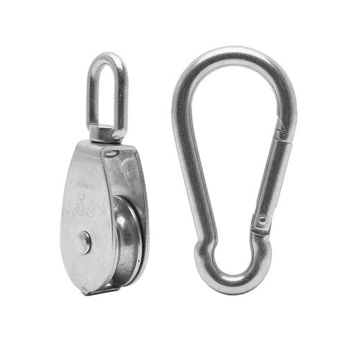 Miniatura 11 de 2 piezas de bloque de polea individual M32 de acero inoxidable 304, rueda de remolque de alambre para colgar, con 2 piezas de gancho de resorte
