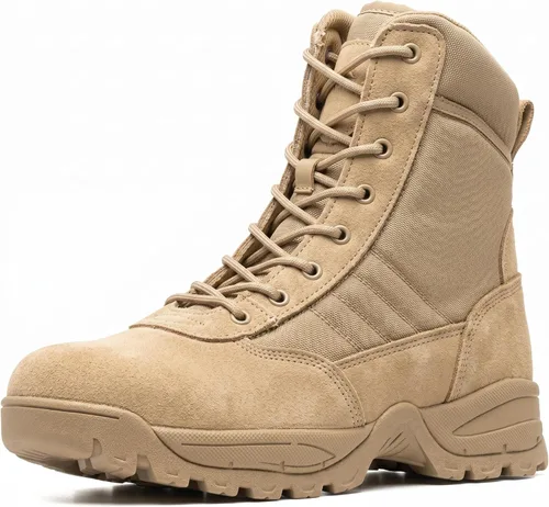 Miniatura 8 de Botas tácticas para hombre, 8 pulgadas, cremallera lateral, botas militares de combate de cuero, botas de trabajo para hombres, policía, motocicleta