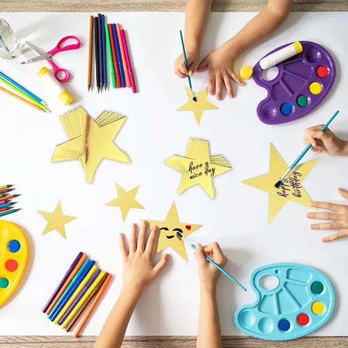 Miniatura 3 de 120 recortes dorados con purpurina de cinco estrellas, recortes de estrellas de papel para tablón de anuncios, estrellas, aula, pared, fiesta