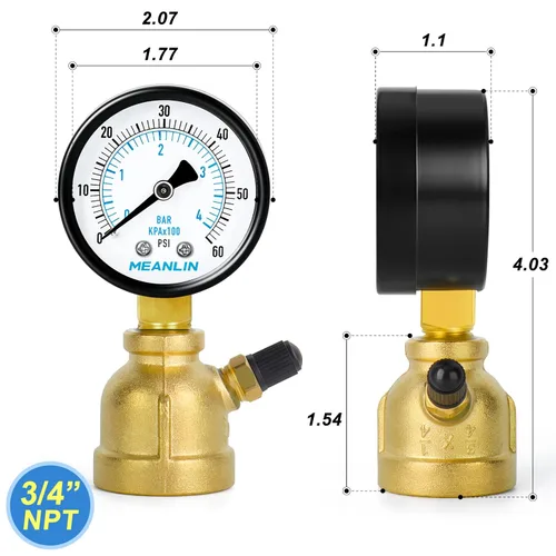 Miniatura 2 de MEANLIN MEASURE Medidores de presión de prueba de aire de latón forjado de 0-60Psi, conexión FNPT de 3/4", doble graduado de 2", ensamblaje