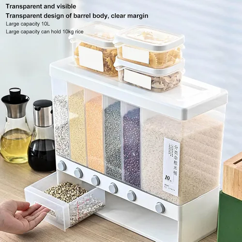 Miniatura 2 de Dispensador de arroz, dispensador de alimentos secos de 6 rejillas montado en la pared, recipientes grandes de almacenamiento de cereales secos