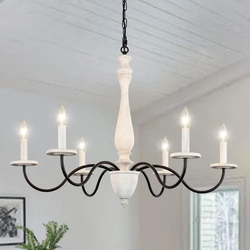 Candelabro de campo francés, 6 luces rústicas de granja para comedor, antiguo, hecho a mano, madera real, marrón y blanco con brazo de metal negro,