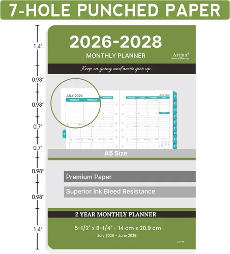 Miniatura 6 de Recambio de planificador mensual 2026-2027, insertos para planificador con 7 agujeros perforados, 5-1/2 x 8-1/2 pulgadas, enero 2026 a diciembre