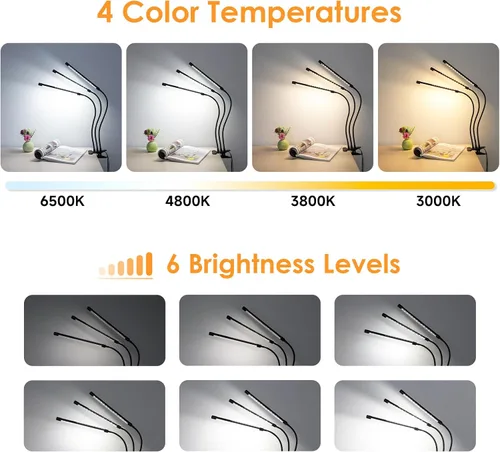 Miniatura 5 de ShineTech Lámpara de escritorio LED con abrazadera, iluminación ultra ancha de 3 cabezales, 4 modos de color, lámpara de trabajo de cuello de cisne