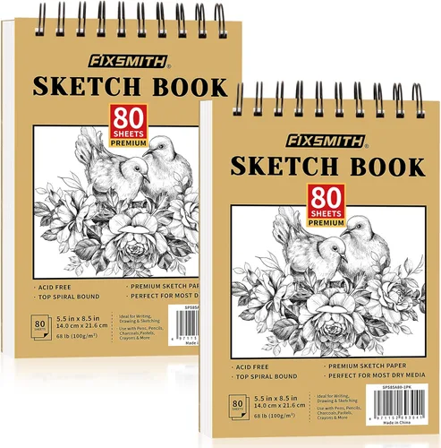 FIXSMITH Cuaderno de bocetos de 14 x 21.5 cm | 160 hojas (68 lb/100gsm) | paquete de 2 cuadernos de bocetos | bloc de bocetos de artista con espiral