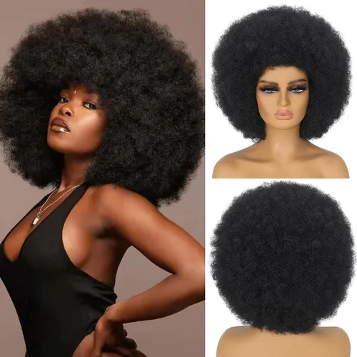 Pelucas Afro para Mujeres Negras Pelucas Afro Rizadas de los 70s Suaves de Aspecto Natural Esponjosas y Saltarinas Pelucas Afro Negras Cabello