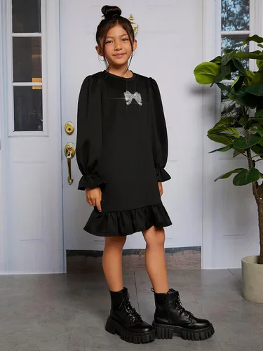 Miniatura 5 de WDIRARA Vestido de manga con volantes y cuello redondo y estampado de lazo para niña