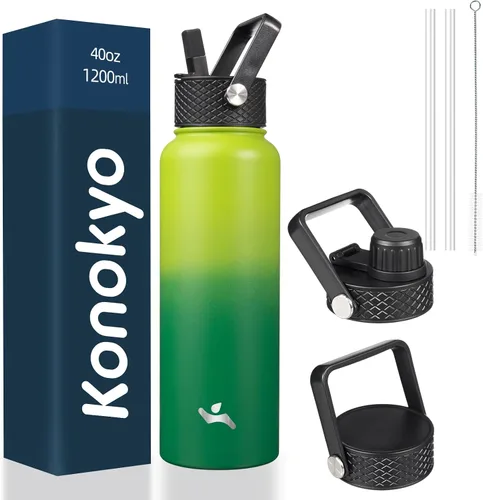 Miniatura 28 de Konokyo - Botella de agua aislada de 18 onzas, botellas deportivas de acero inoxidable con 3 tapas, verde militar