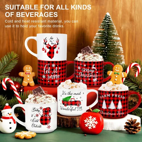 Miniatura 5 de QIKSION Juego de 6 Tazas de Café Navideñas de 16 oz, Grandes Tazas de Chocolate Caliente, Juego de Tazas de Cerámica de Cocoa para Vacaciones Regalo