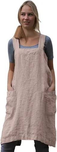 Miniatura 12 de Larmliss Delantal tipo pinafore cuadrado para mujer, para hornear, cocinar, jardinería, con espalda cruzada, mezcla de algodón/lino, con 2 bolsillos