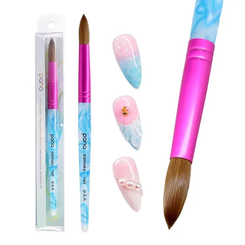 Miniatura 2 de PANA Pure Kolinsky Hair - Pincel para uñas acrílicas de pelo, forma redonda, virola rosa con mango azul con remolino blanco (tamaño 16)