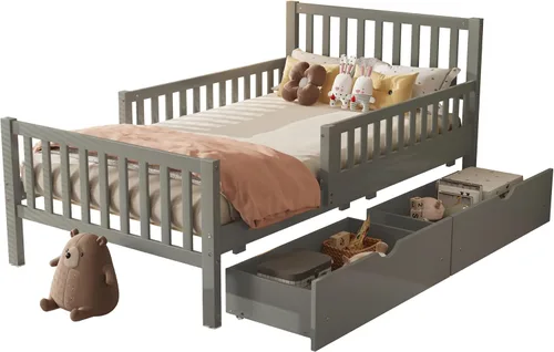 Miniatura 4 de Bellemave Base de cama individual para niños con vallas y 2 cajones, plataforma de madera tamaño individual con barandillas en ambos lados