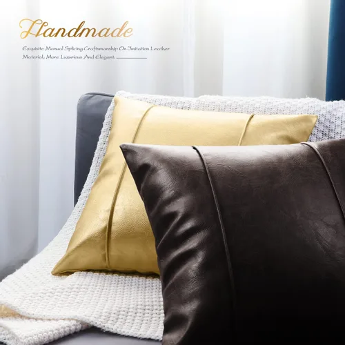 Miniatura 4 de BRAWARM Fundas de Almohada Decorativa de Cuero Café de 22 x 22 Pulgadas - Funda de Almohada de Piel Sintética con Ribetes, Almohada Decorativa