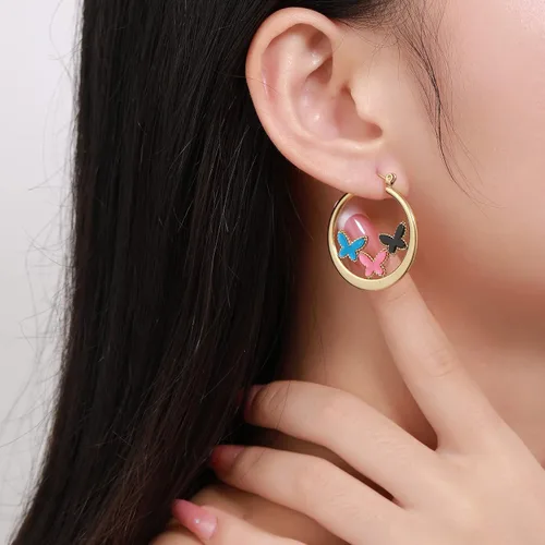 Miniatura 4 de Aretes de aro, aretes de acero inoxidable chapados en oro personalizado, Acero inoxidable, Sin gemas.