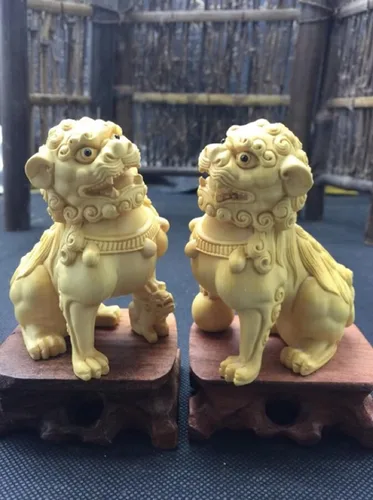 Miniatura 4 de Feng Shui - Par de estatuas de perros Fu Foo, adornos de estatua de Kylin de madera maciza, protección de energía malvada, estatua de Pixiu/Piyao