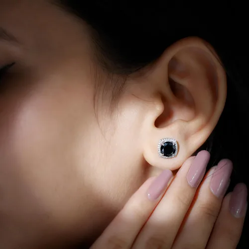 Miniatura 4 de Aretes de ónix negro vintage de 12 CT con halo de diamantes (calidad AAA)