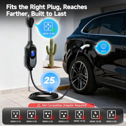 Miniatura 5 de Cargador Tesla, cargador EV de nivel 2 para Tesla 40Amp 240V con enchufe NEMA 14-50, corriente y temporizador ajustables, cable de carga Tesla de 25