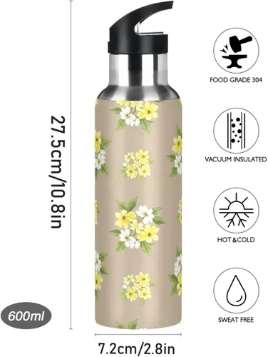 Miniatura 9 de Stainless Steel Vacuum Insulated Water Bottle 20 Oz, Leakproof Water Bottles for Gym Outdoor Travel School, Yellow White Flowers Beige
