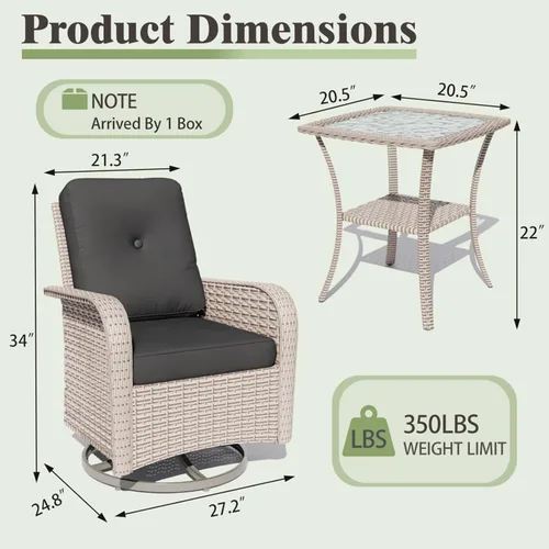 Miniatura 2 de Juego de muebles de patio de 3 piezas, sillas mecedoras giratorias para exteriores con mesa auxiliar de ratán, juegos de mimbre para patio