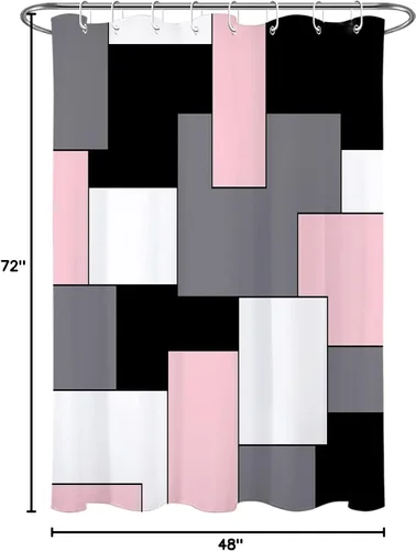 Miniatura 7 de HVEST Cortina de ducha moderna rosa con ganchos, cortina de ducha geométrica abstracta gris y blanco para baño, juego de cortina de ducha