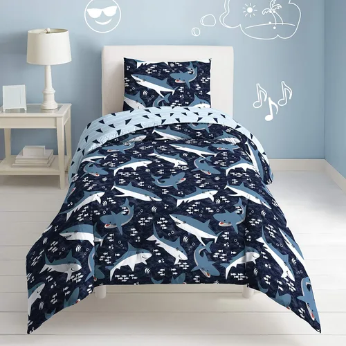 Miniatura 3 de Sharks - Juego de edredón individual para niños, edredón de algodón de 2 piezas con relleno de poliéster, color azul marino