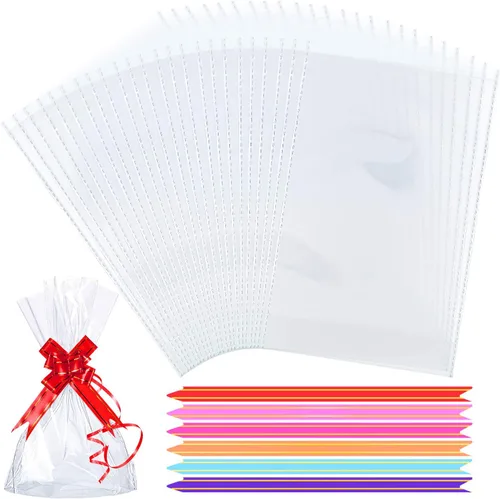 Miniatura 2 de HESTYA 50 bolsas de celofán de fondo plano transparente con 60 lazos de mariposa para cumpleaños, bodas, fiestas