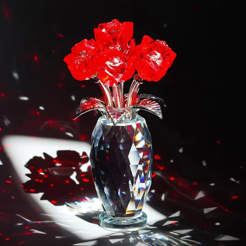 Miniatura 4 de Figura de flor de rosa de cristal rojo con base, ramo de flores de cristal, regalos para mujeres, novia, esposa, flores de cristal hechas a mano