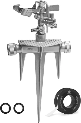Morvat Aspersor de agua de impacto ajustable para patio y jardín, niquelado, cabezal de latón y sistema de riego de estacas de aluminio con rotación
