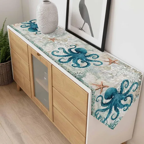 Miniatura 9 de Camino de mesa de verano pequeño de 13 x 36 pulgadas, acuarela azul, lino y algodón, pulpo de animales marinos, manteles retro con temática náutica