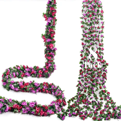 Miniatura 12 de Miracliy 8 guirnaldas de flores rojas de 66 pies, rosas artificiales de color naranja, guirnalda de flores falsas de primavera para telón de fondo