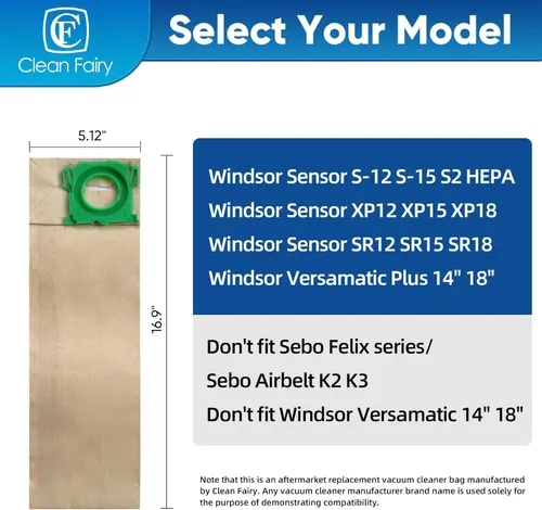 Miniatura 2 de Paquete de 20 bolsas de filtro de vacío compatibles con sensor Windsor S12 S15 XP12 XP15 XP18 SR12 SR15 SR18 Versamatic Plus y Sebo C G & X series
